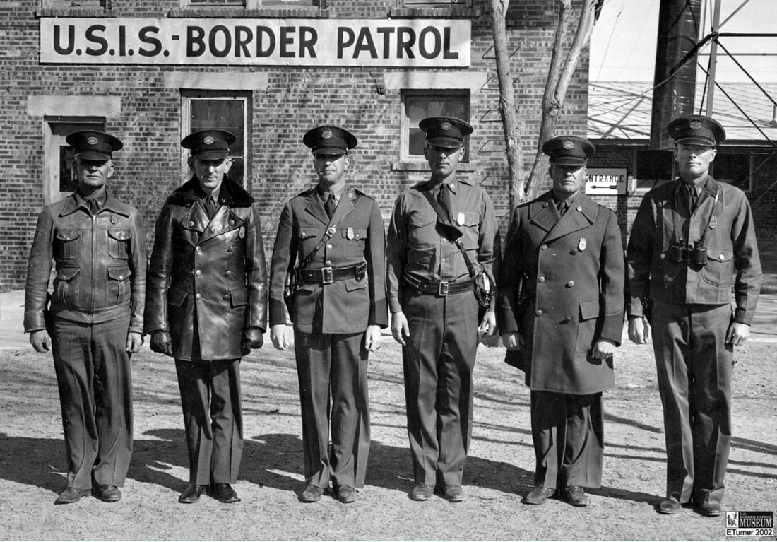 Late 1930s at Camp Chigas: A snapshot of historical uniforms, featuring Pershing hats, shoulder ornaments, collar discs, and a rare Senior Patrol Inspector insignia. Courtesy of the Border Patrol Museum.