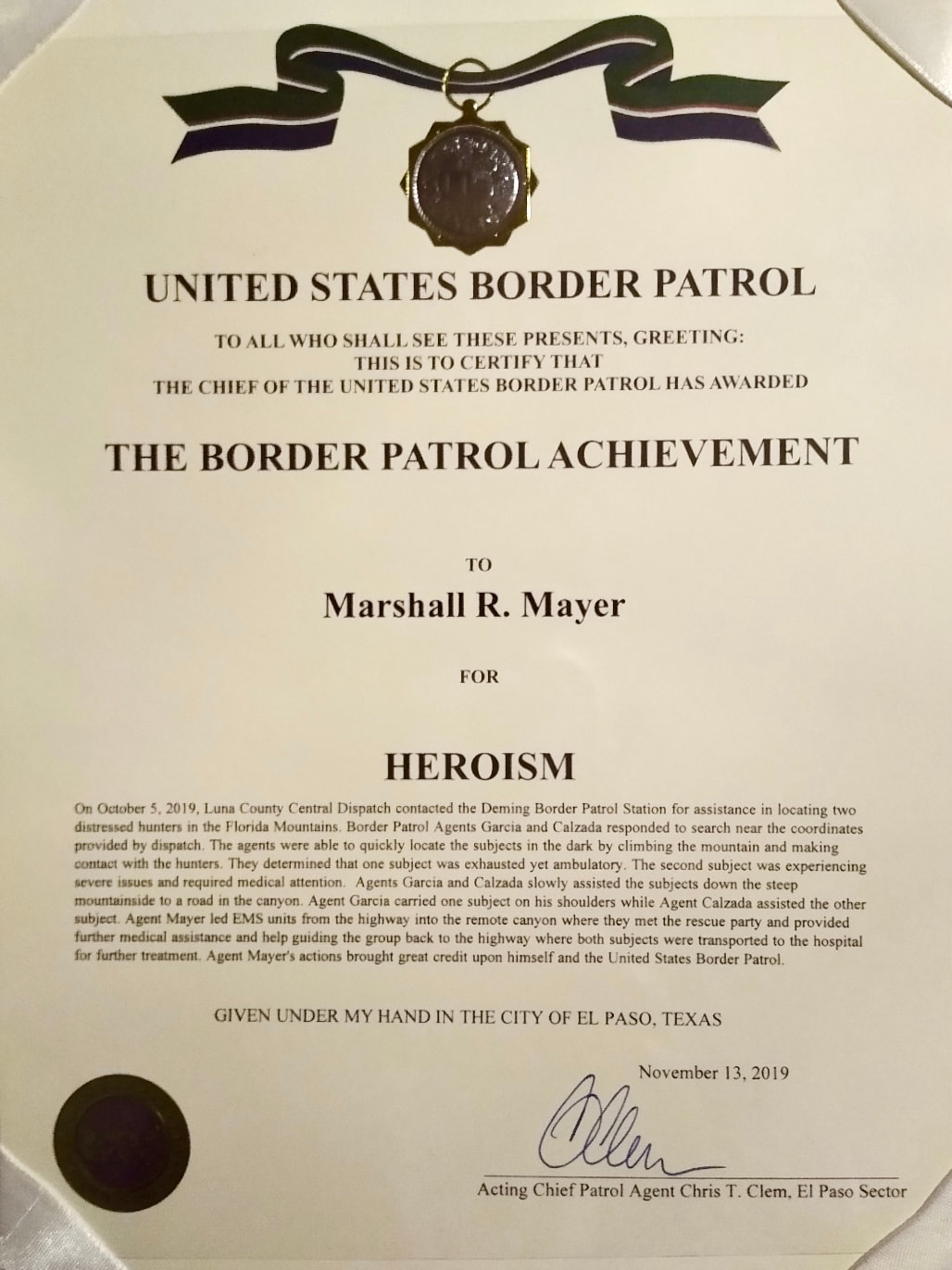 USBP Achievement Medal certificate for Marshal Mayer