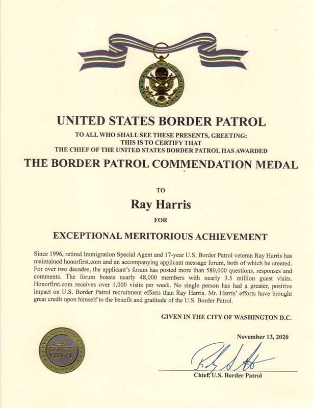 USBP Commendation Medal Certificate for Ray Harris