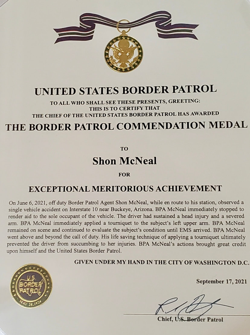 USBP Commendation Medal Certificate for extraordinary heroism for Shon McNeal