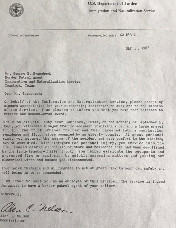 The Newton-Azrak Award Selection Letter for Border Patrol Agent George E. Evancheck, accompanied by a detailed description of his heroic action. This document serves as a lasting tribute to Agent Evancheck's courage and integrity, encapsulating the values that define the U.S. Border Patrol.