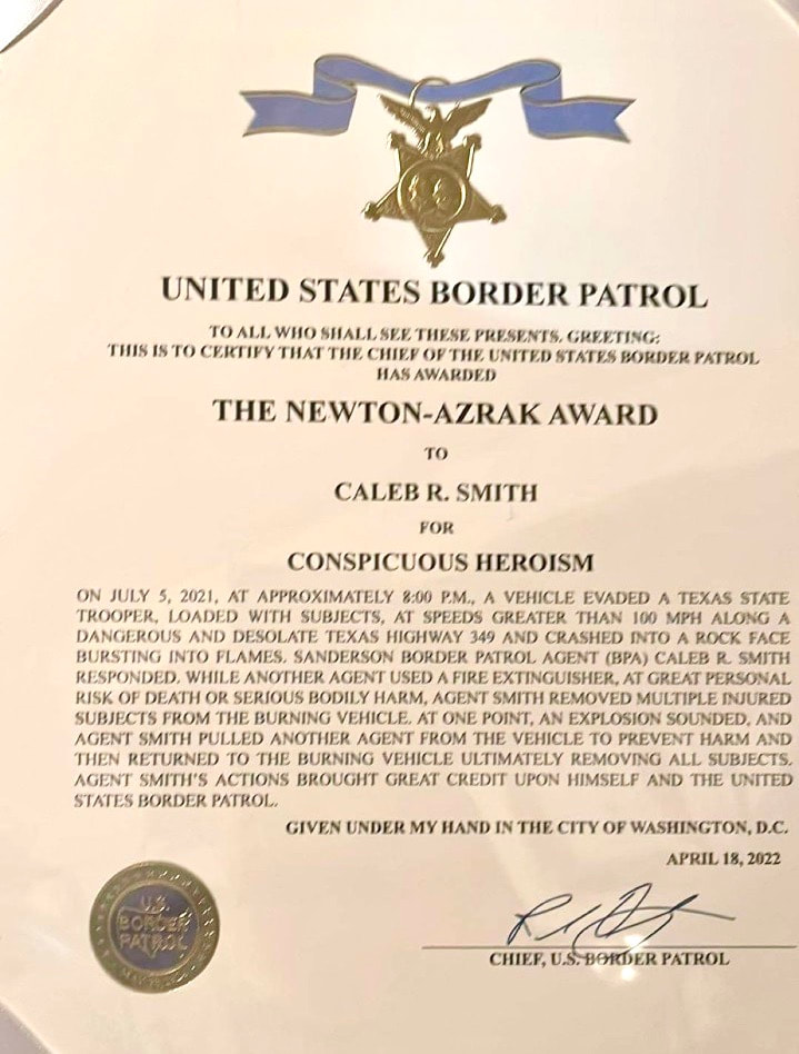 Caleb Smith, Newton-Azrak Award certificate