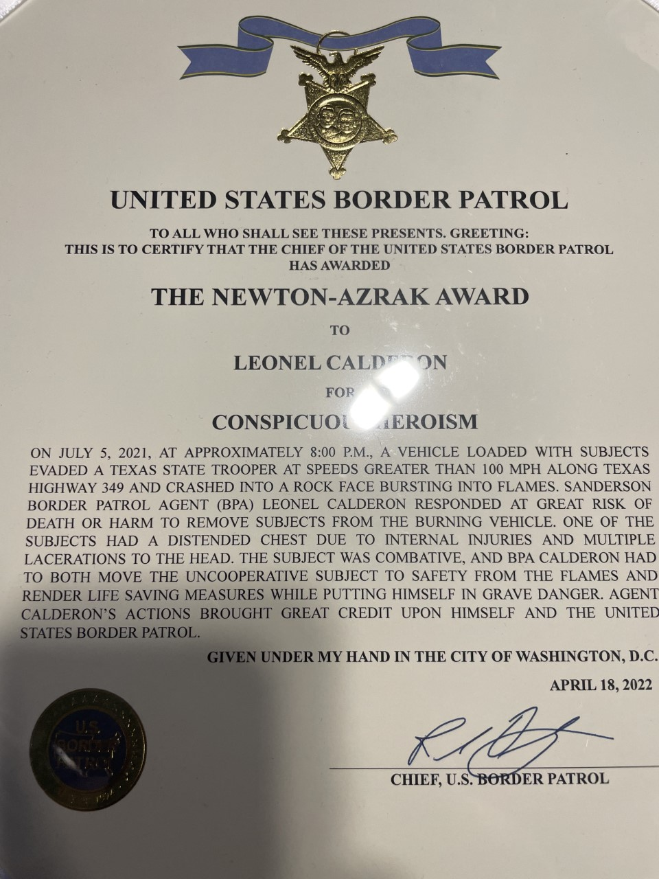 Leonel Calderon, Newton-Azrak Award certificate