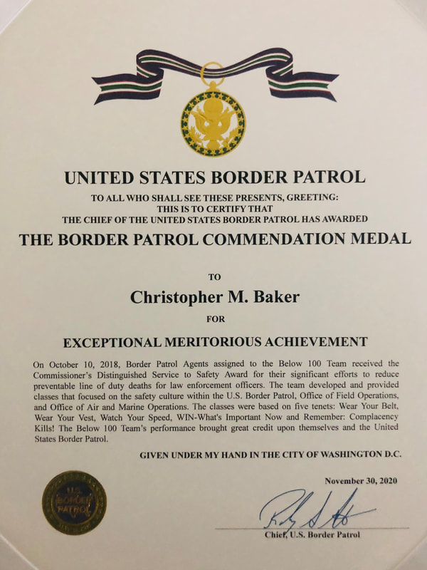 USBP Commendation Medal Certificate for Christopher Baker