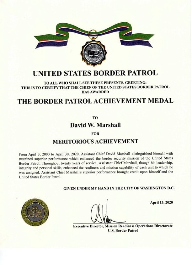 USBP Achievement Medal certificate for David Marshall