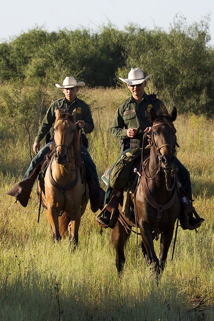 Border Patrol USBP miscellaneous modern two horse patrol agents riding in the tail grass