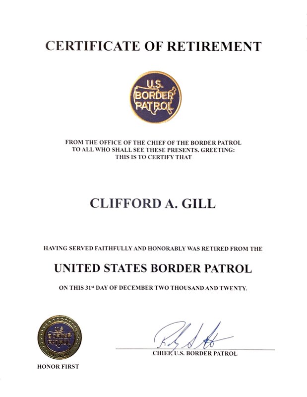 U.S. Border Patrol Retirement Certificate for Clifford Gill
