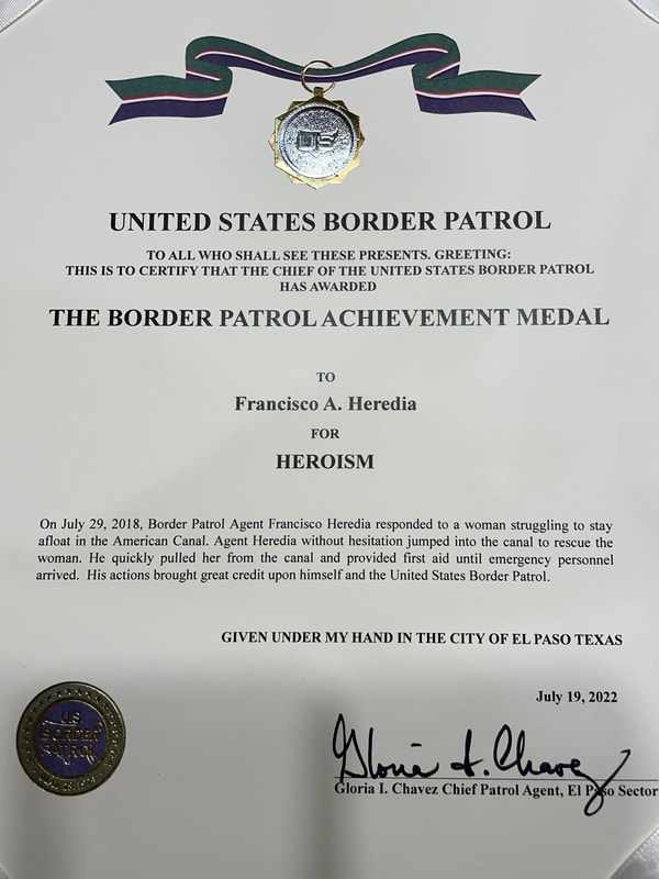USBP Achievement Medal certificate for for heroism for Francisco Heredia