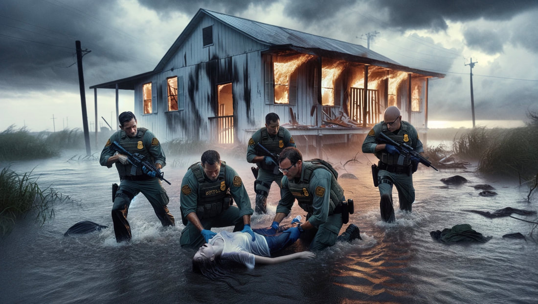This image is an AI-generated depiction of the heroism of five BORTAC agents during Hurricane Katrina, based on the event detailed below. 