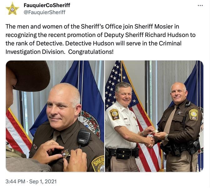 Retired Deputy Directorate Chief Rich Hudson being promoted to Detective with the Fauquier Country Sheriff's Department.