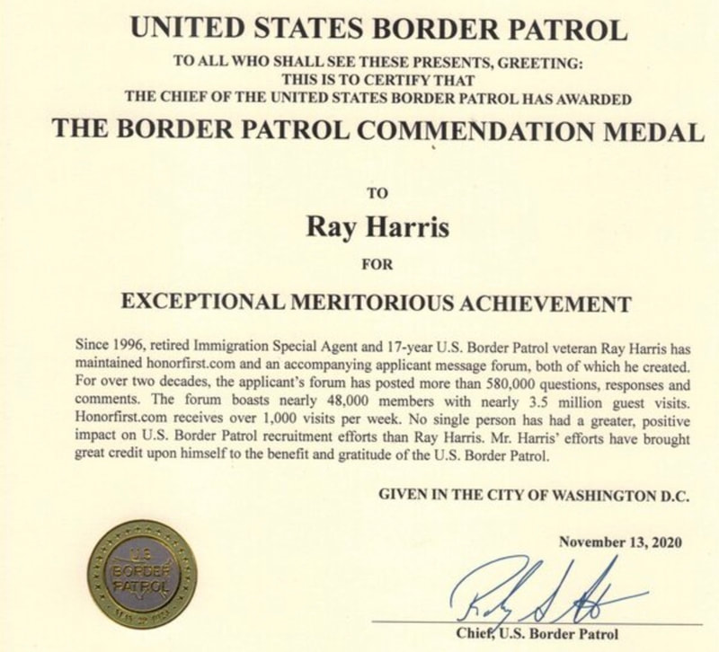 Ray Harris USBP Commendation Medal Certificate