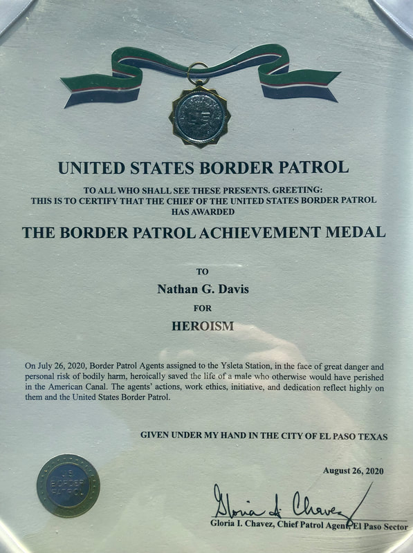 USBP Achievement Medal Certificate for Heroism for  Nathan G. Davis Willie T. Davis Sr. ​Silvino Arias