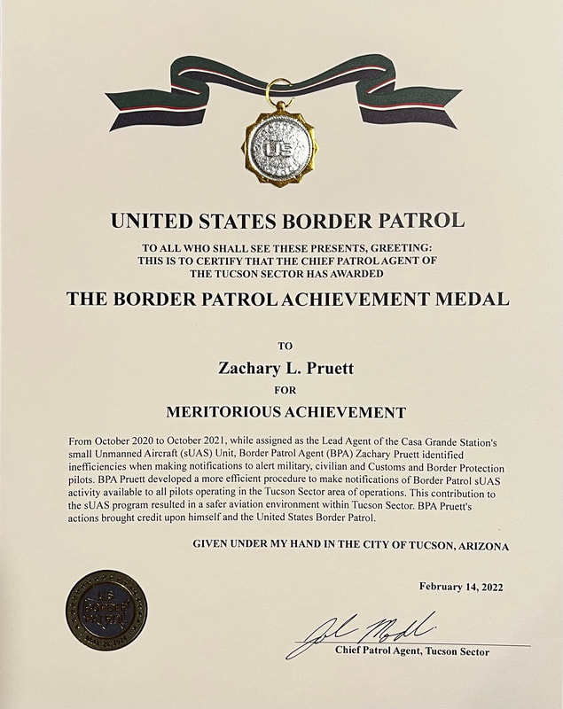 USBP Achievement Medal certificate for Zachary Pruett