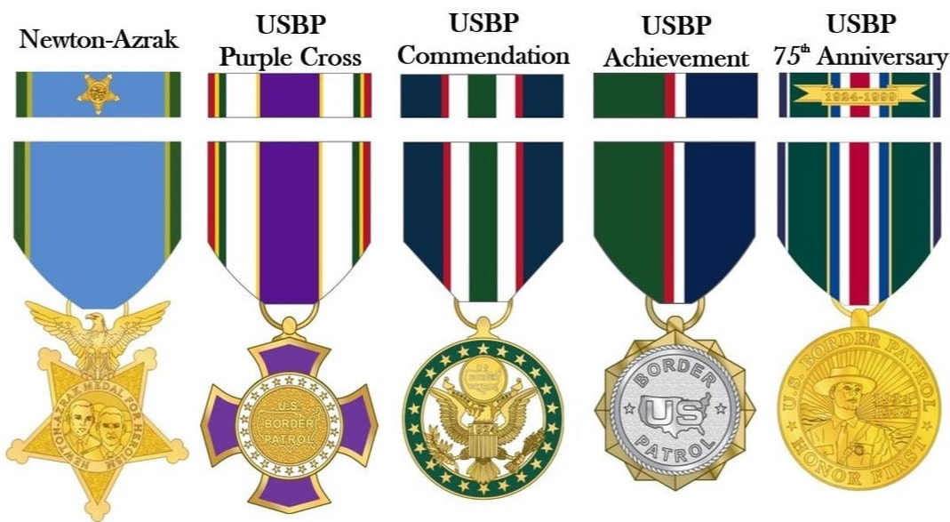 U.S. Border Patrol Honorary Awards, showing the Newton-Azrak Award, USBP Purple Cross Medal, USBP Commendation Medal, USBP Achievement Medal and the USBP 75th Anniversary Medal