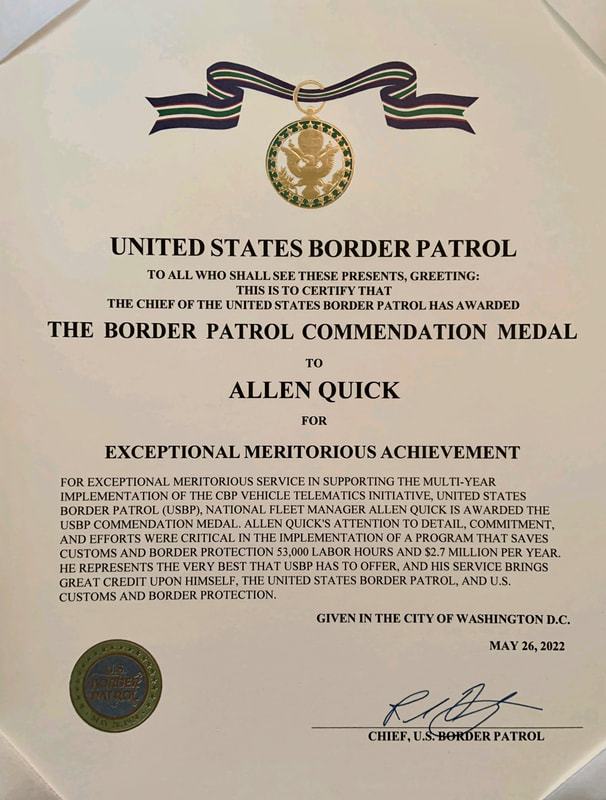 USBP Commendation Medal Certificate for Allen Quick