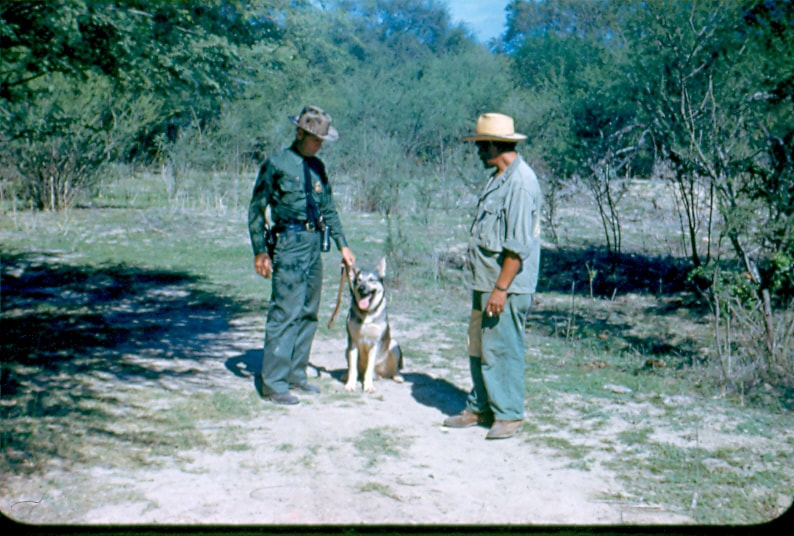 USBP Border Patrol photographs 1970-1990 a canine agent with his dog speaking to a person