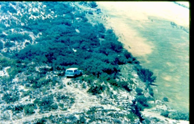USBP Border Patrol photographs 1970-1990 aerial photo of a sea foam green SUV parked on a hill