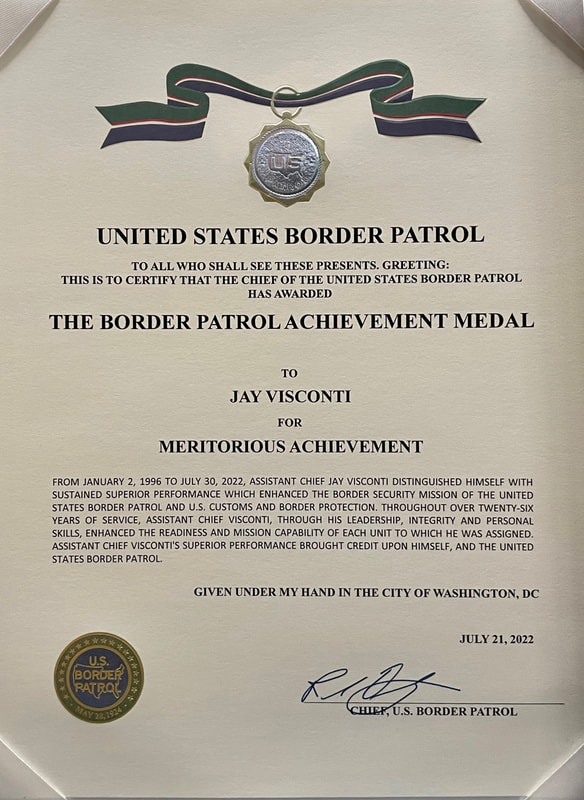 USBP Achievement Medal certificate for Jay Visconti